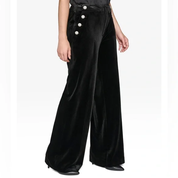 Karl Lagerfeld Velvet Pants Women's Size 12 Black Wide Leg Rhinestone Detail. - Picture 4 of 12